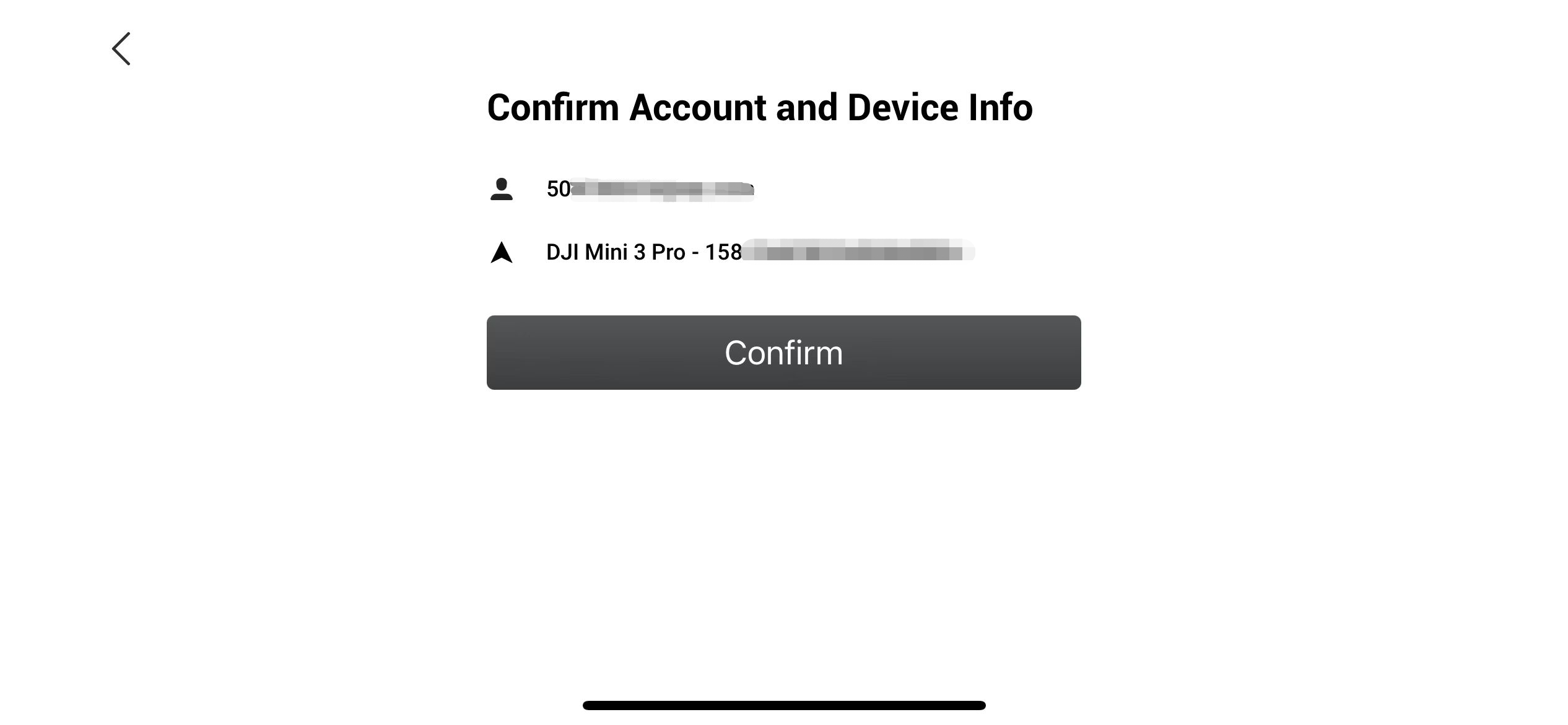 Skärmbild av bekräftelsesida för konto- och enhetsinfo. Text: "Confirm Account and Device Info", användarikon, enhetsikon "DJI Mini 3 Pro - 158", och en knapp "Confirm".
