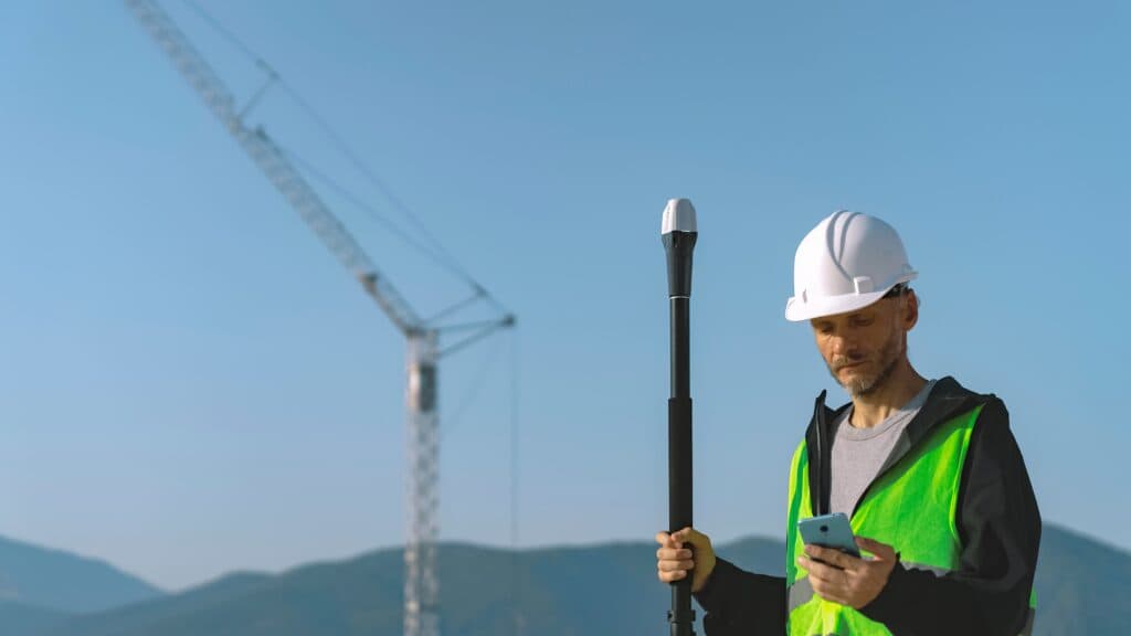 a person holding a phone and the Reach RX RTK gnss receiver