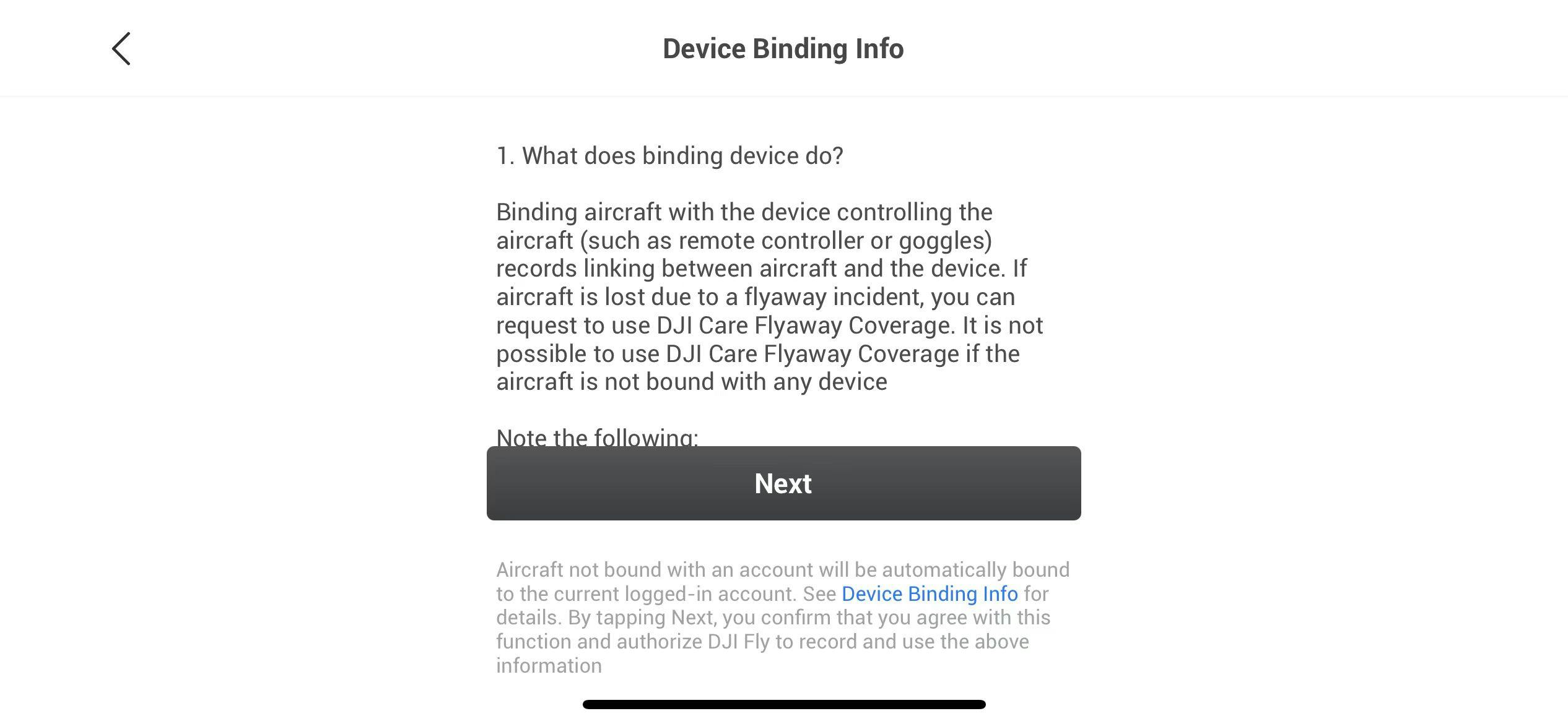 En skärmbild av en informationssida med rubriken "Device Binding Info". Texten förklarar att enheten kopplas till flygplanet för att skapa en koppling. Om flygplanet går förlorat kan DJI Care Flyaway Coverage användas.
