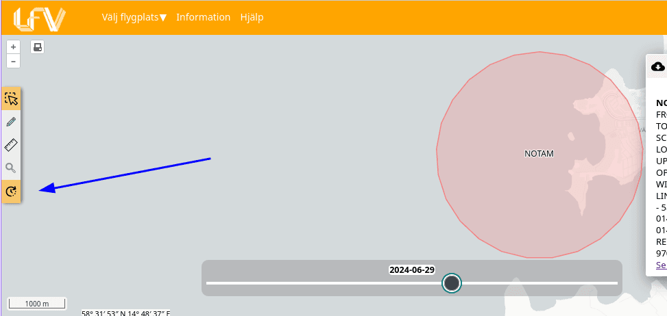 Tidslinje i Drönarkartan som visar hur man filtrerar NOTAM baserat på datum