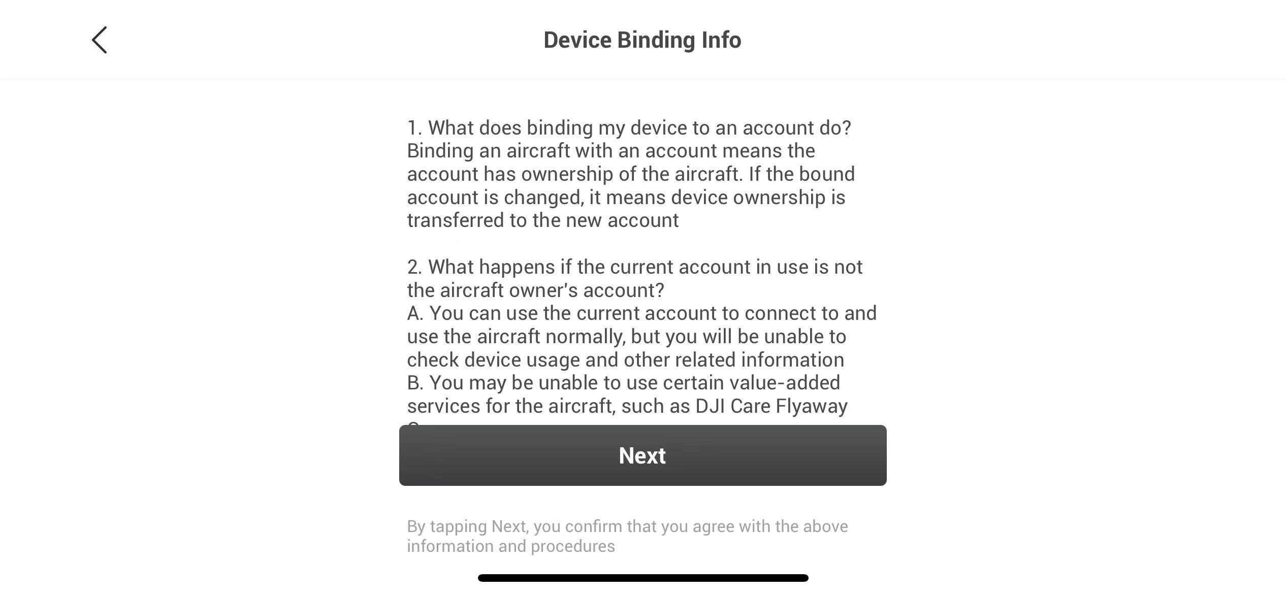 Skärmbild av en informationssida med titeln "Device Binding Info". Texten förklarar vad det innebär att binda en enhet till ett konto och vad som händer om det aktuella kontot inte är ägarens konto. Det finns en "Next"-knapp längst ner på sidan.