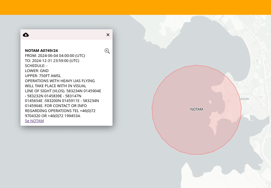 Karta med ett markerat område och detaljerad NOTAM-information för specifikt luftrum