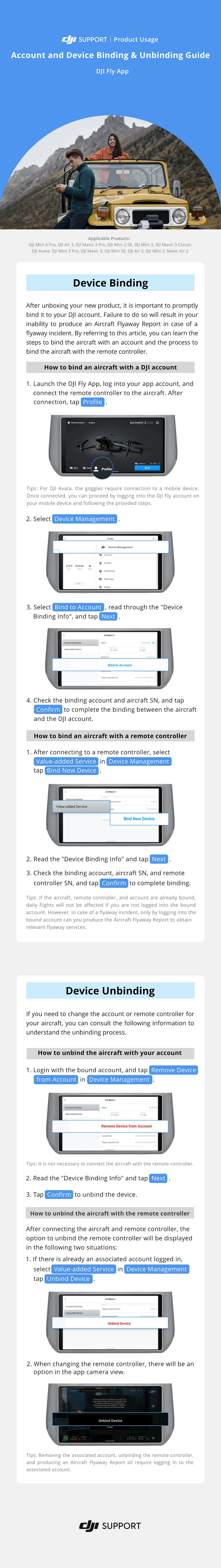 En infografik från DJI Support visar hur man binder och avbinder konto och enhet i DJI Fly-appen. "Device Binding" inkluderar steg för att binda en drönare till ett DJI-konto. "Device Unbinding" visar hur man avbinder en drönare.
