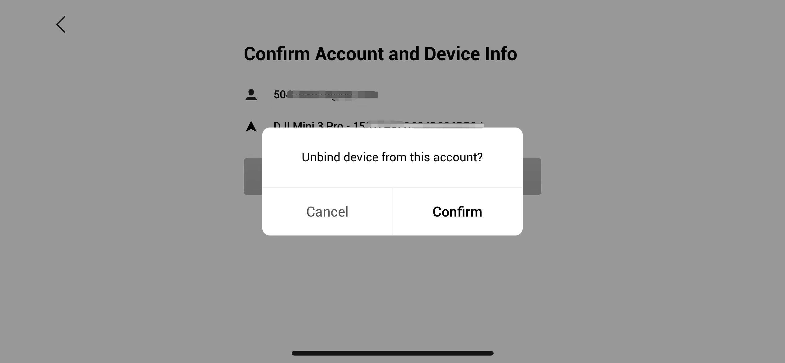 En skärmbild som visar en bekräftelsedialogruta med texten "Unbind device from this account?" och två alternativ: "Cancel" och "Confirm". Bakgrunden visar en sida med rubriken "Confirm Account and Device Info".