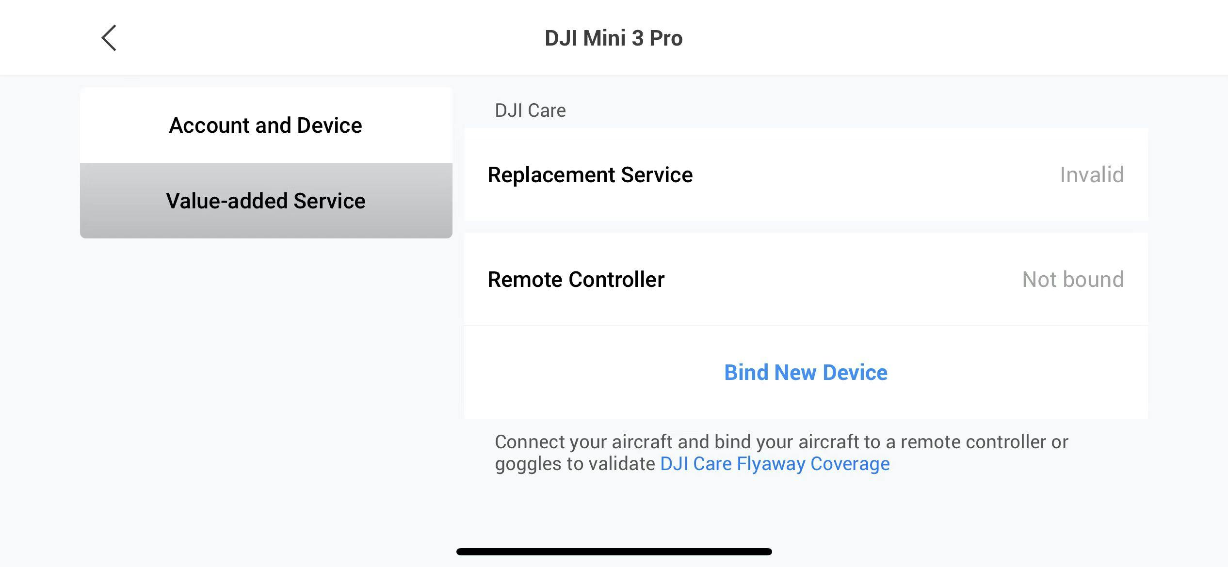 Skärmbild av DJI Mini 3 Pro-meny visar "Value-added Service". Under "DJI Care" finns "Replacement Service" (Invalid) och "Remote Controller" (Not bound). Knapp: "Bind New Device". Instruktion: "Bind aircraft to validate DJI Care Flyaway Coverage".