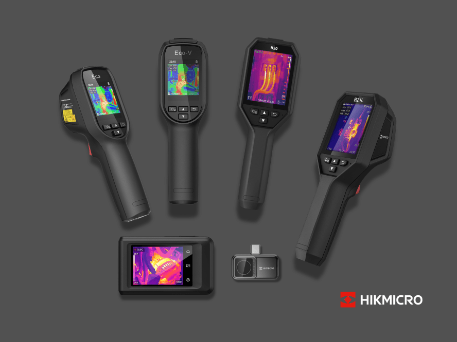 Bilden visar handhållna värmekameror från Hikmicro. Modeller som syns är: Eco, Eco-v, Mini2, Pocket2, B20 och B21L.