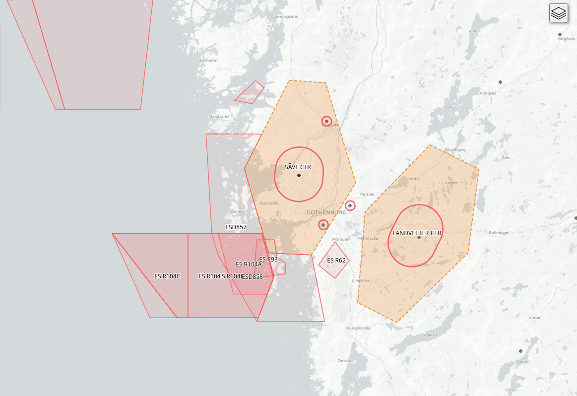 Detaljerad karta som markerar specifika flygzoner och restriktionsområden