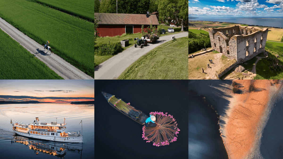 1. En person rider en häst längs en grusväg omgiven av gröna fält. 2. En traktor drar en vagn med människor nära en röd lada. 3. En slottsruin står på en kulle med utsikt över landskapet. 4. En båt glider över en sjö i solnedgången. 5. En person samlar blommor på vattnet. 6. En strandlinje med röd sand och mörkt vatten.
