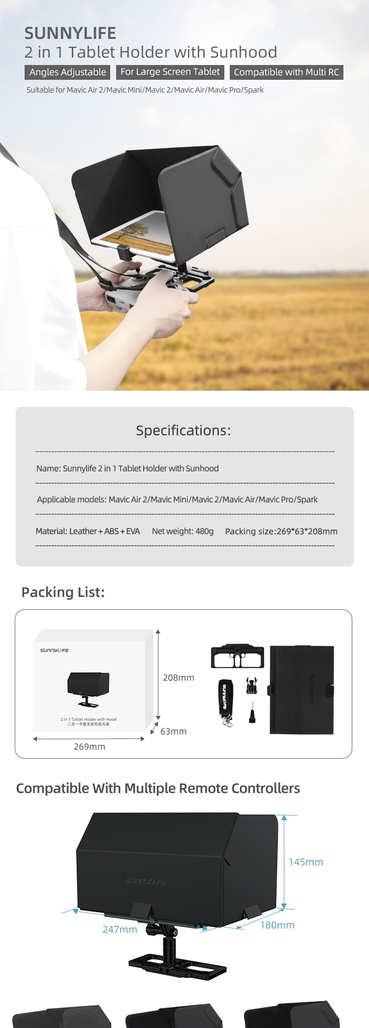 Sunnylife - Tablet Holder med solskydd för Air 2 / Air 2S / Mavic 2 / Pro / Air / Mini