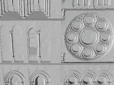 Detaljerade arkitektoniska element med kolonner och cirkulära mönster i en reliefstil.