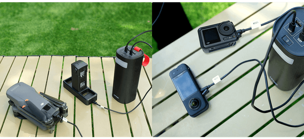 En drönare och en batteriladdare anslutna till en kraftfull powerbank på ett bord utomhus. En actionkamera och en annan enhet laddas också från samma powerbank.
