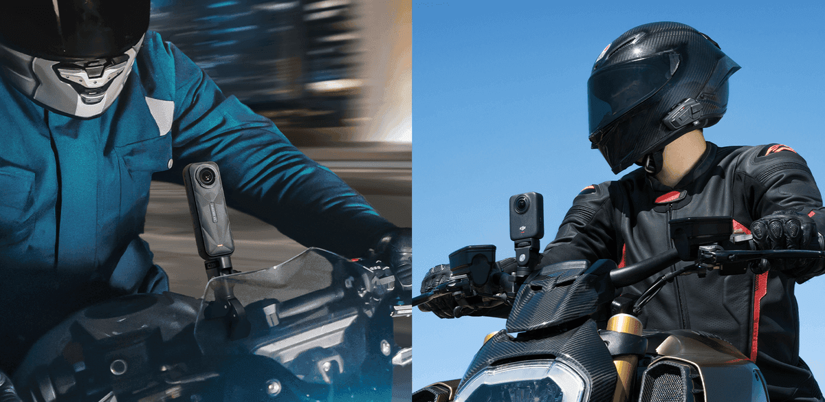 Två motorcyklister med hjälmar kör motorcyklar utrustade med 360-kameror, en i en stadsmiljö med Insta360 X5 och den med en DJI Osmo 360 andra under en klarblå himmel.
