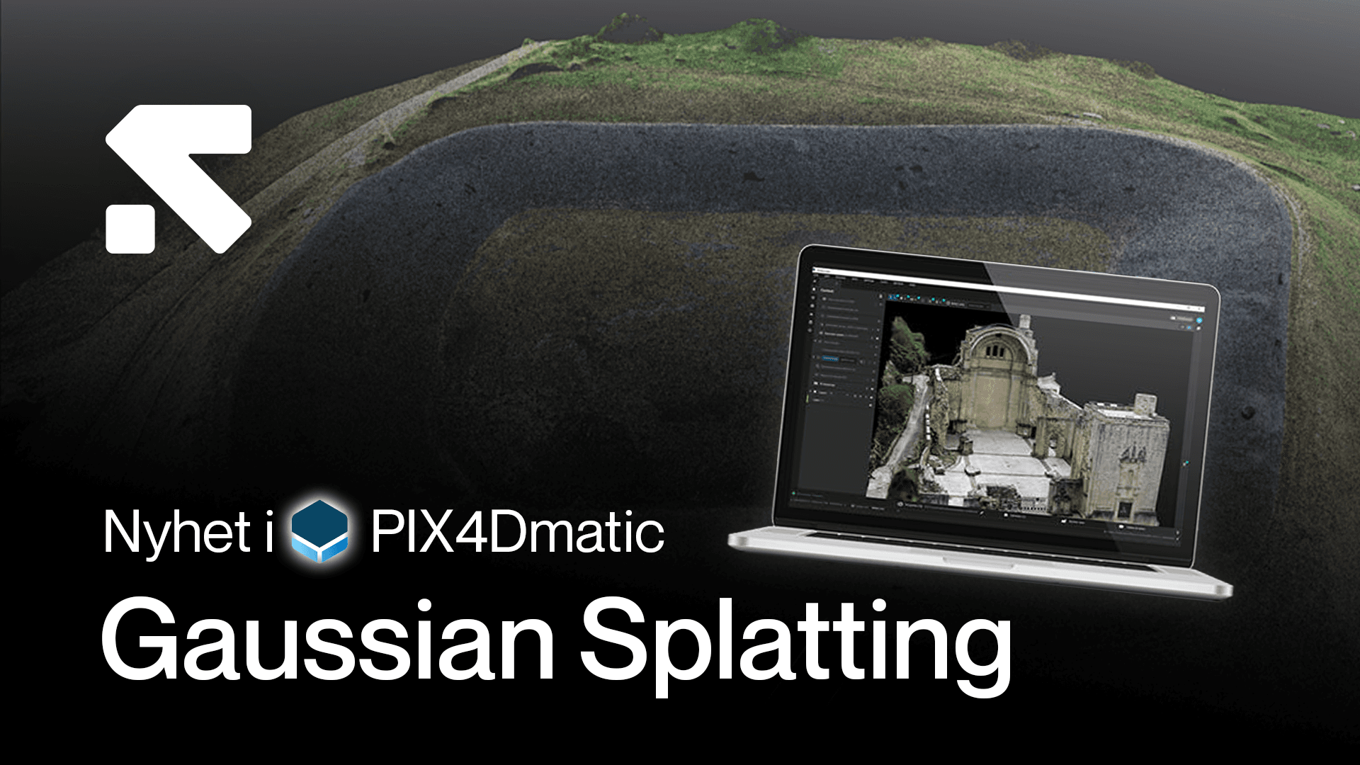 En bärbar dator visar en 3D-modell av en byggnad i programvaran PIX4Dmatic, med texten 'Nyhet i PIX4Dmatic: Gaussian Splatting'.