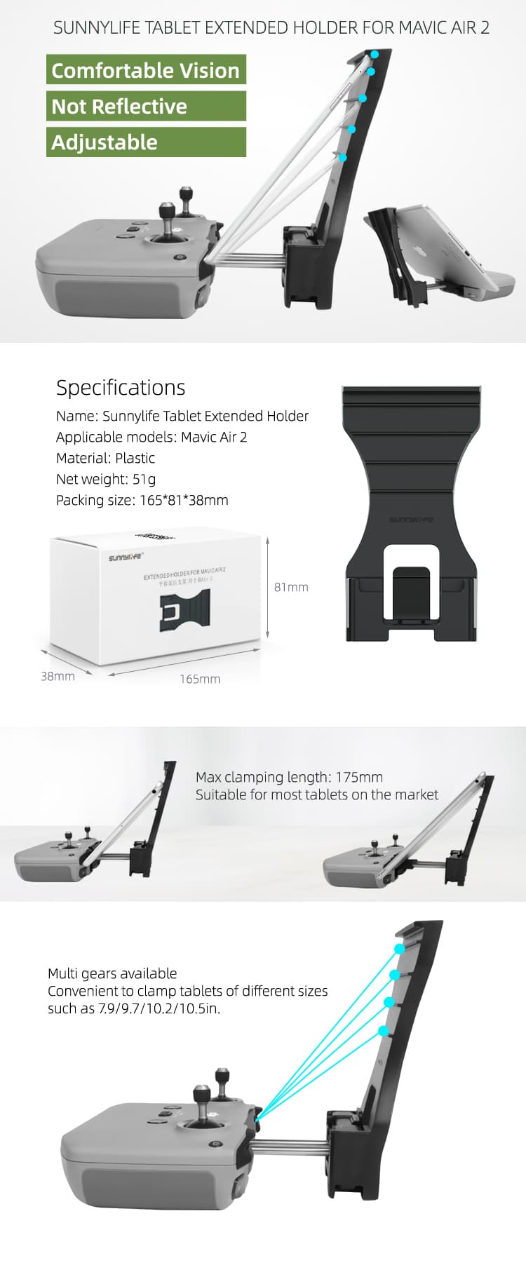 Sunnylife - Tablet Holder förlängare för Air 2S / Mini 3 / Mavic 3 kontroll