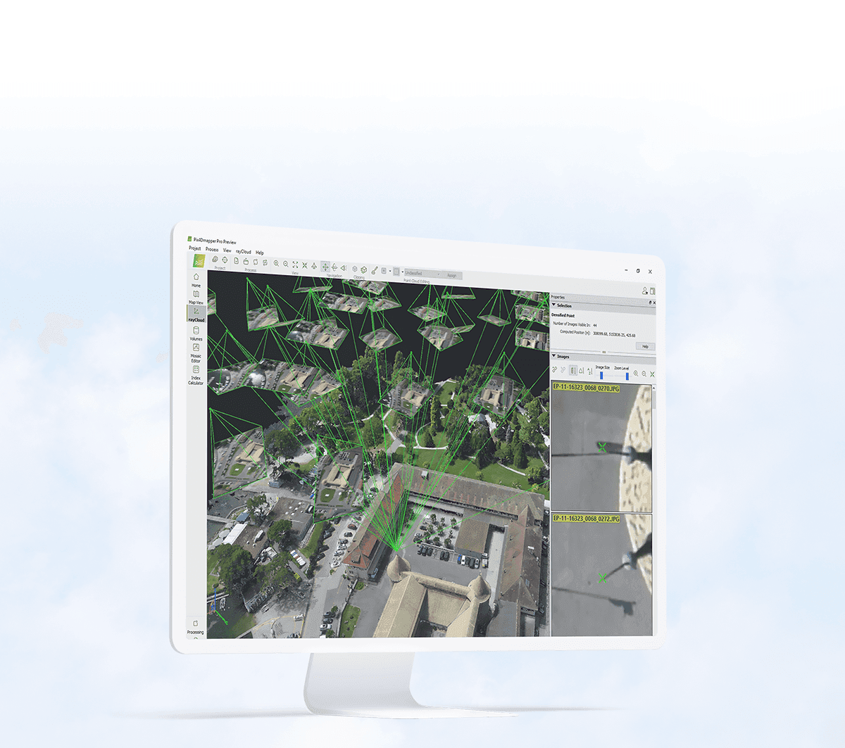 En datorskärm visar avancerad kartläggningsprogramvara med 3D-modellering av ett område, komplett med gröna linjer som indikerar fotopunkter.