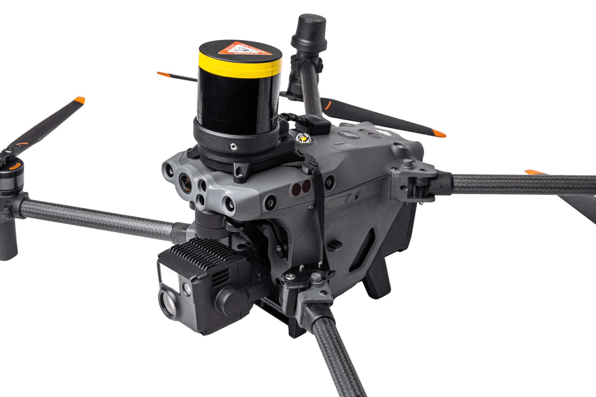 En avancerad drönare utrustad med flera sensorer och kameror för precisionsövervakning.