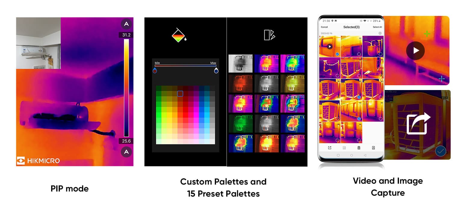 Bild som visar funktioner i en termisk kameraapp, inklusive PIP-läge, anpassade färgpaletter och video- och bildinspelning.