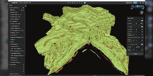 En detaljerad 3D-modell av ett topografiskt landskap visas på en datorskärm, med olika lager och inställningar synliga i gränssnittet.
