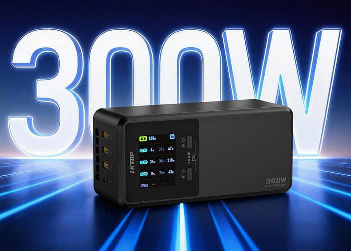 En kraftfull 300W laddare visas med kapacitet att snabbt ladda tre batterier samtidigt, mot en futuristisk bakgrund.