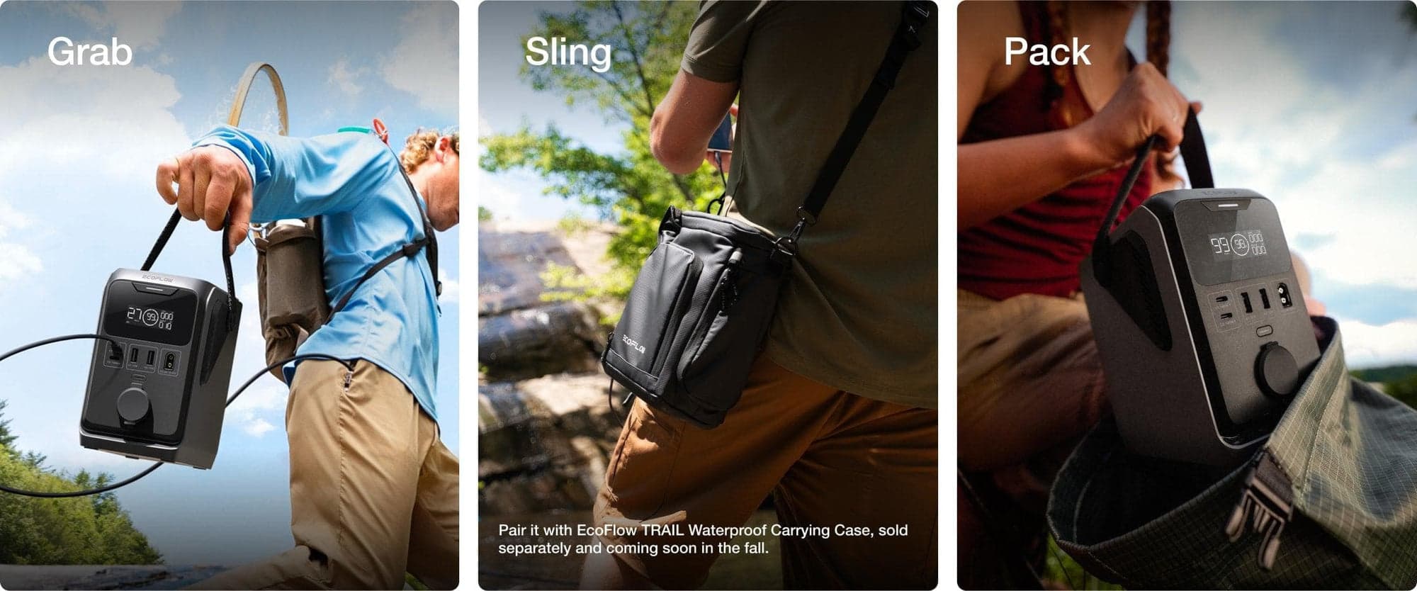 Tre bilder visar en bärbar strömenhet i olika utomhusmiljöer: en person bär enheten i handen, en annan har den i en axelväska, och en tredje packar den i en ryggsäck.