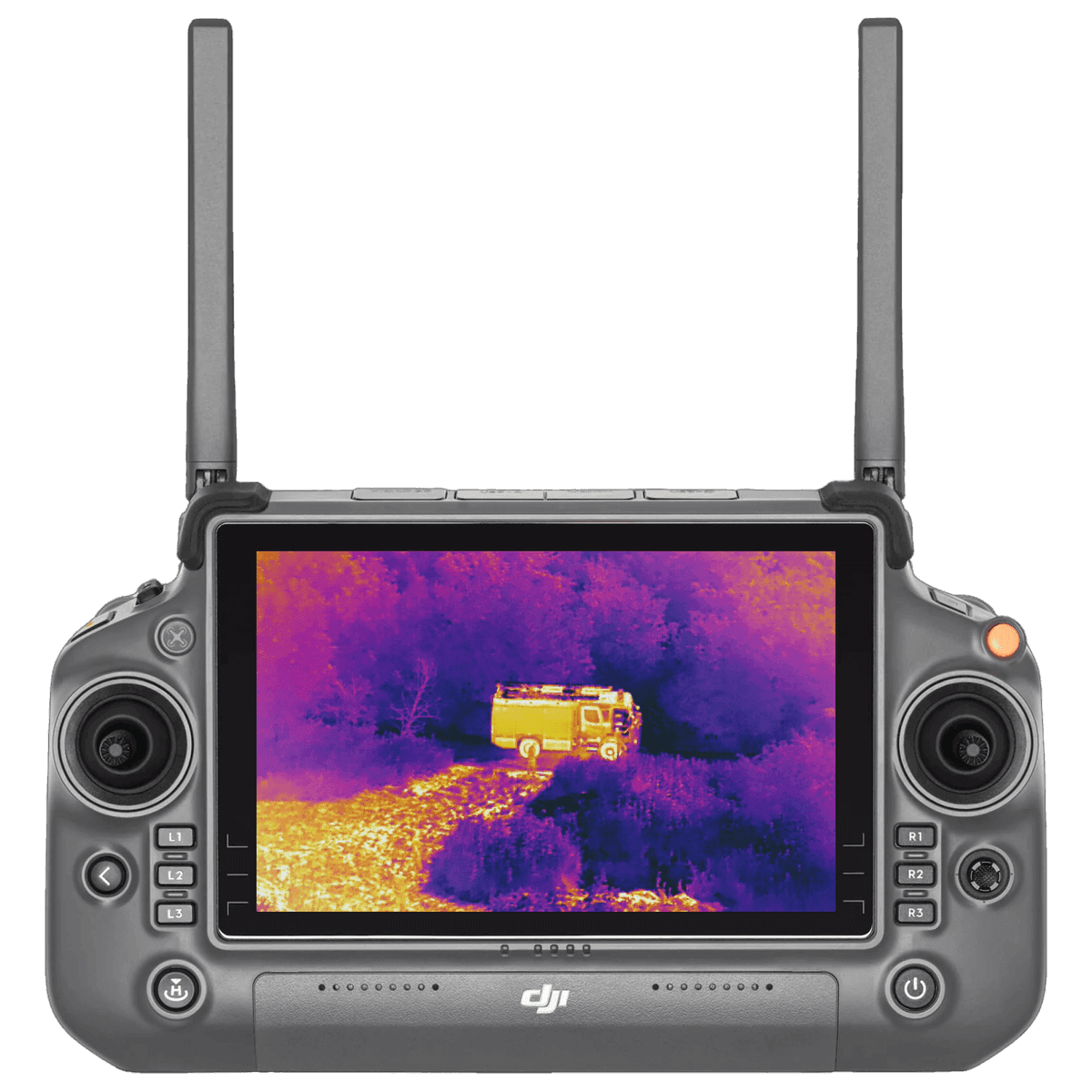 En fjärrkontroll med en skärm visar en termisk bild av ett fordon i ett skogsområde.