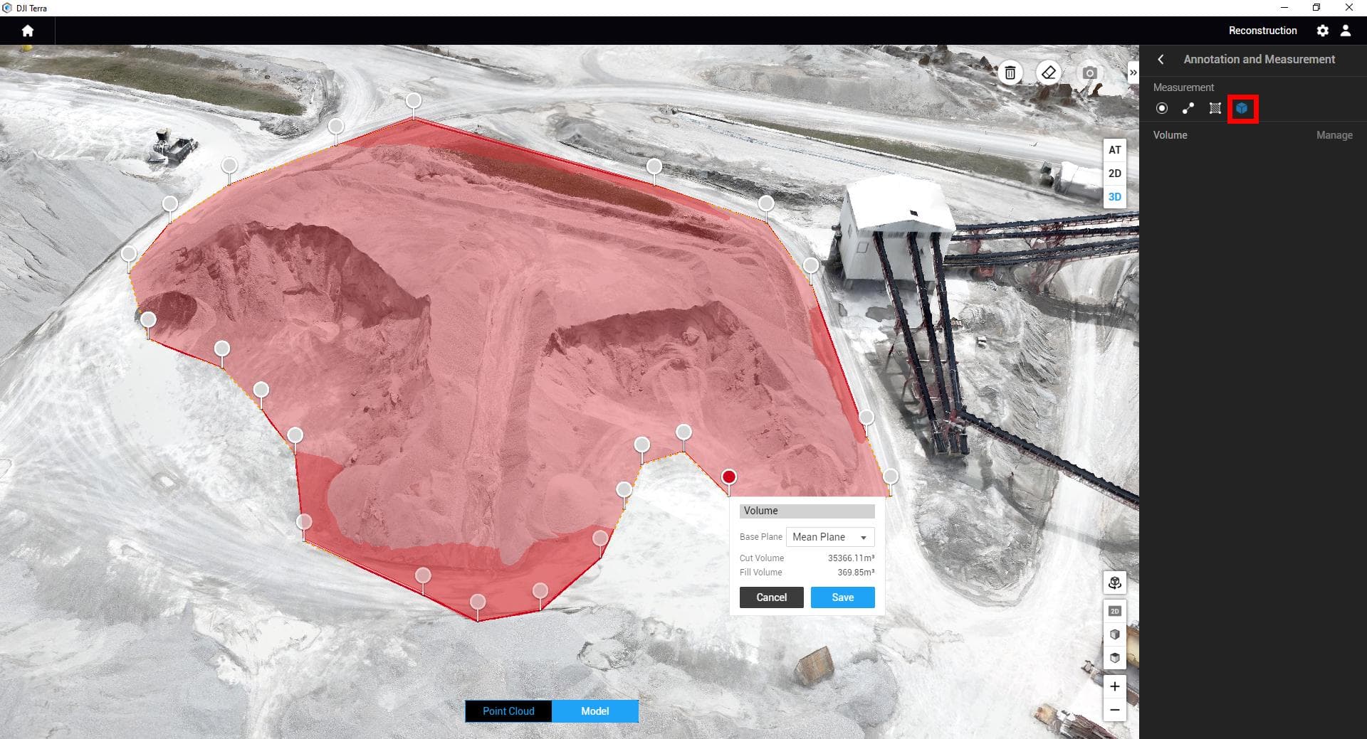 DJI Terra välja område för volymberäkning