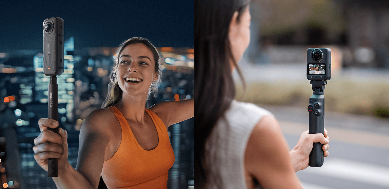 En kvinna håller en Insta 360 X5-kamera på en selfiestick med en stadssilhuett i bakgrunden. En annan person använder en DJI Osmo 360-kamera med en skärm som visar en förhandsvisning av inspelningen.