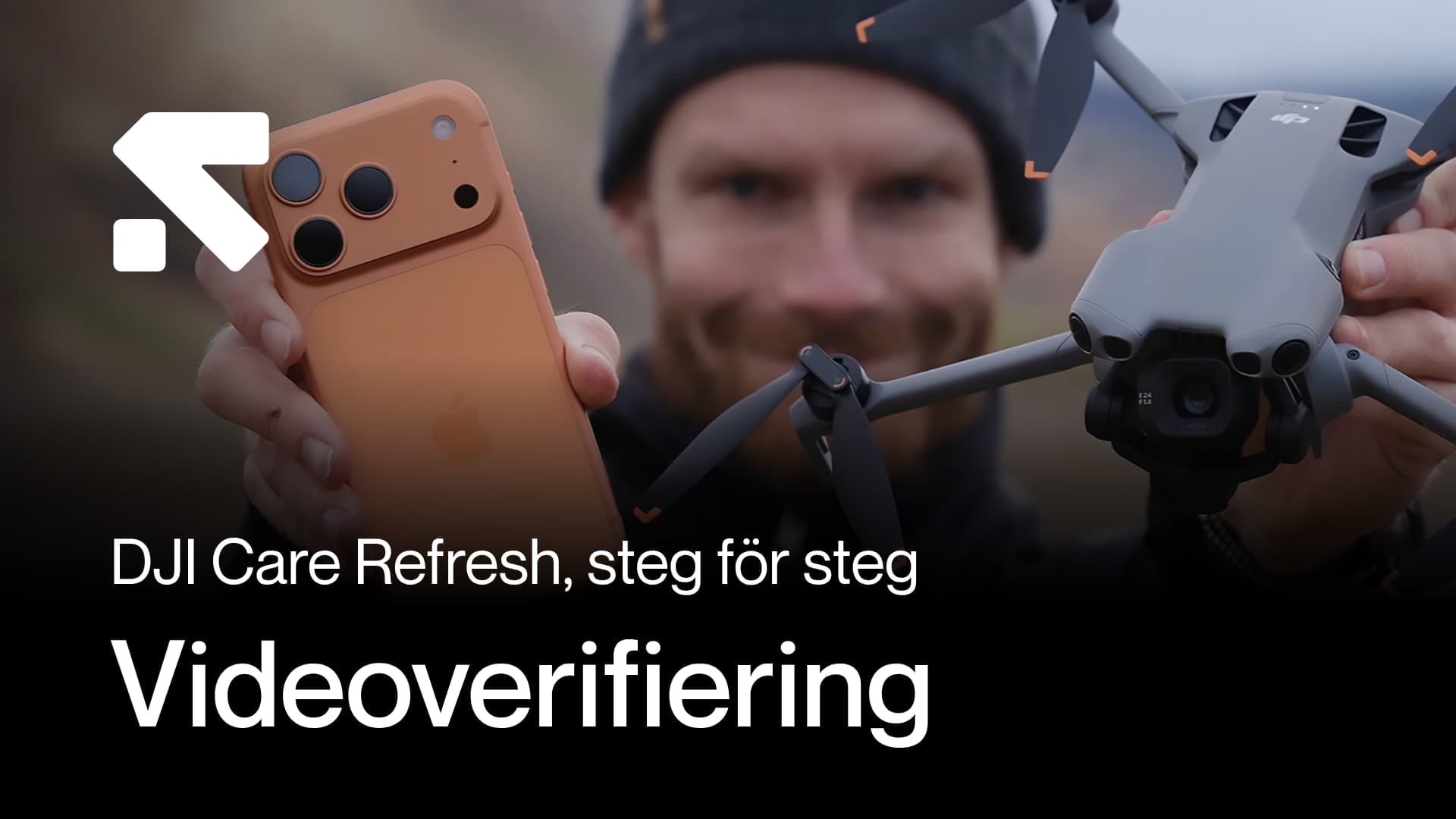 Videoverifiering för DJI Care Refresh: en person håller upp en DJI Mini 5 Pro och en mobiltelefon