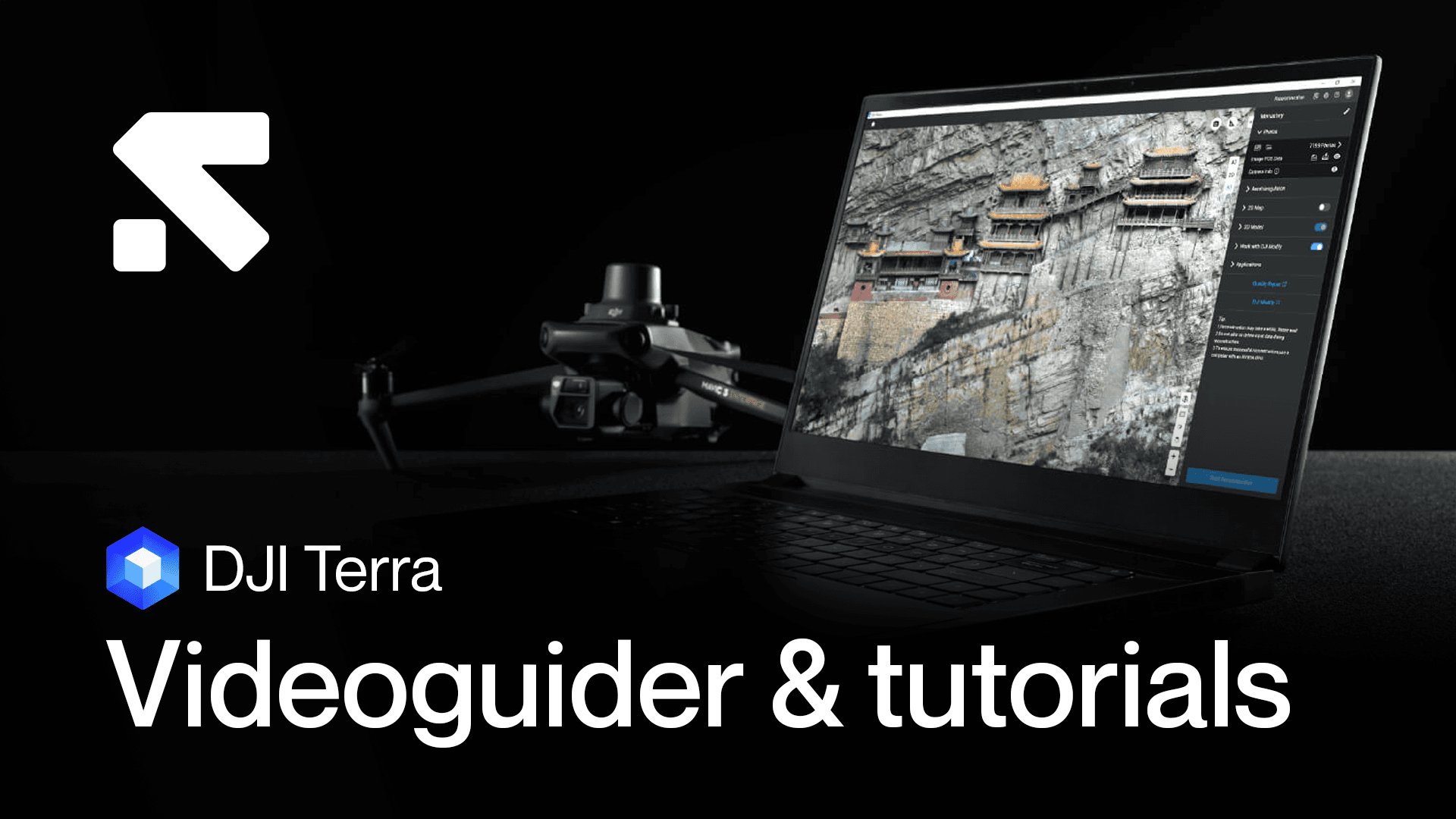 En bärbar dator visar en detaljerad bild av byggnader på en klippa, med en drönare i bakgrunden, och texten 'DJI Terra Videoguider & tutorials' i förgrunden.