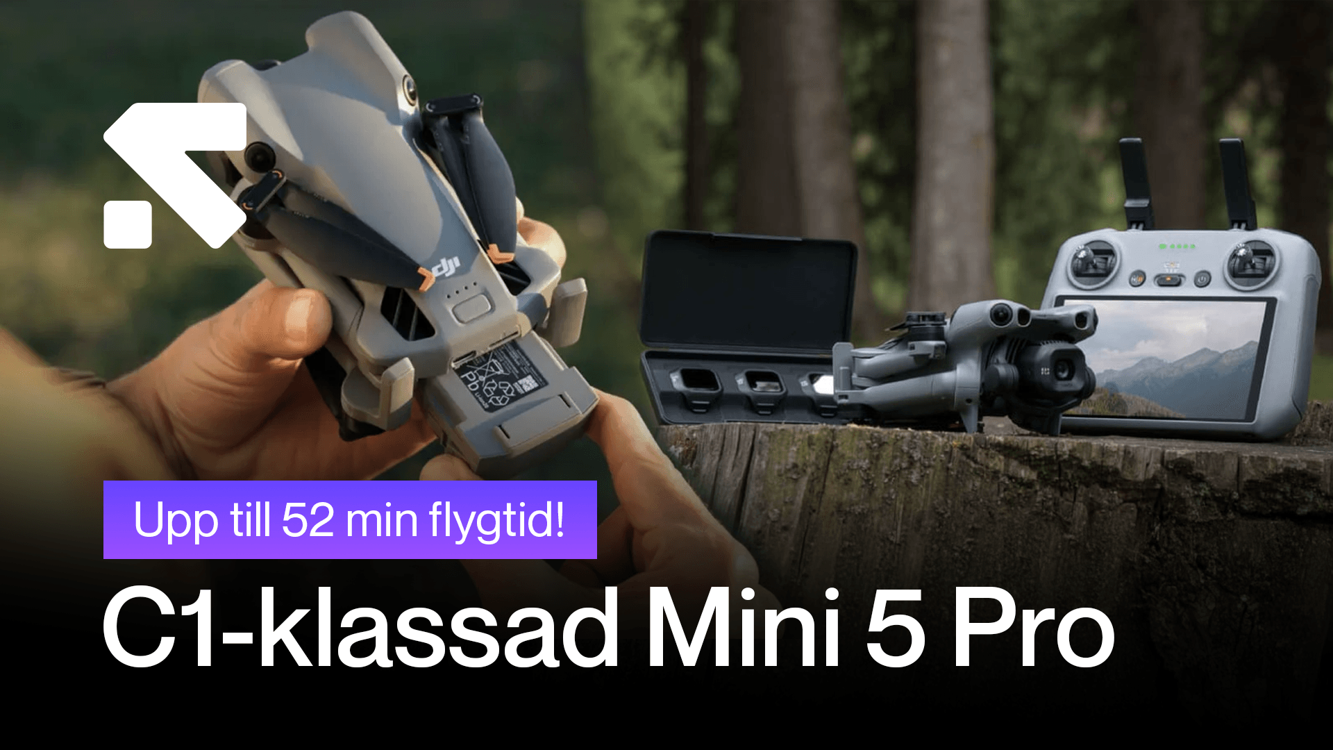 En person håller en kompakt drönare, medan en fjärrkontroll med skärm visar en landskapsbild i bakgrunden. en-person-haller.png