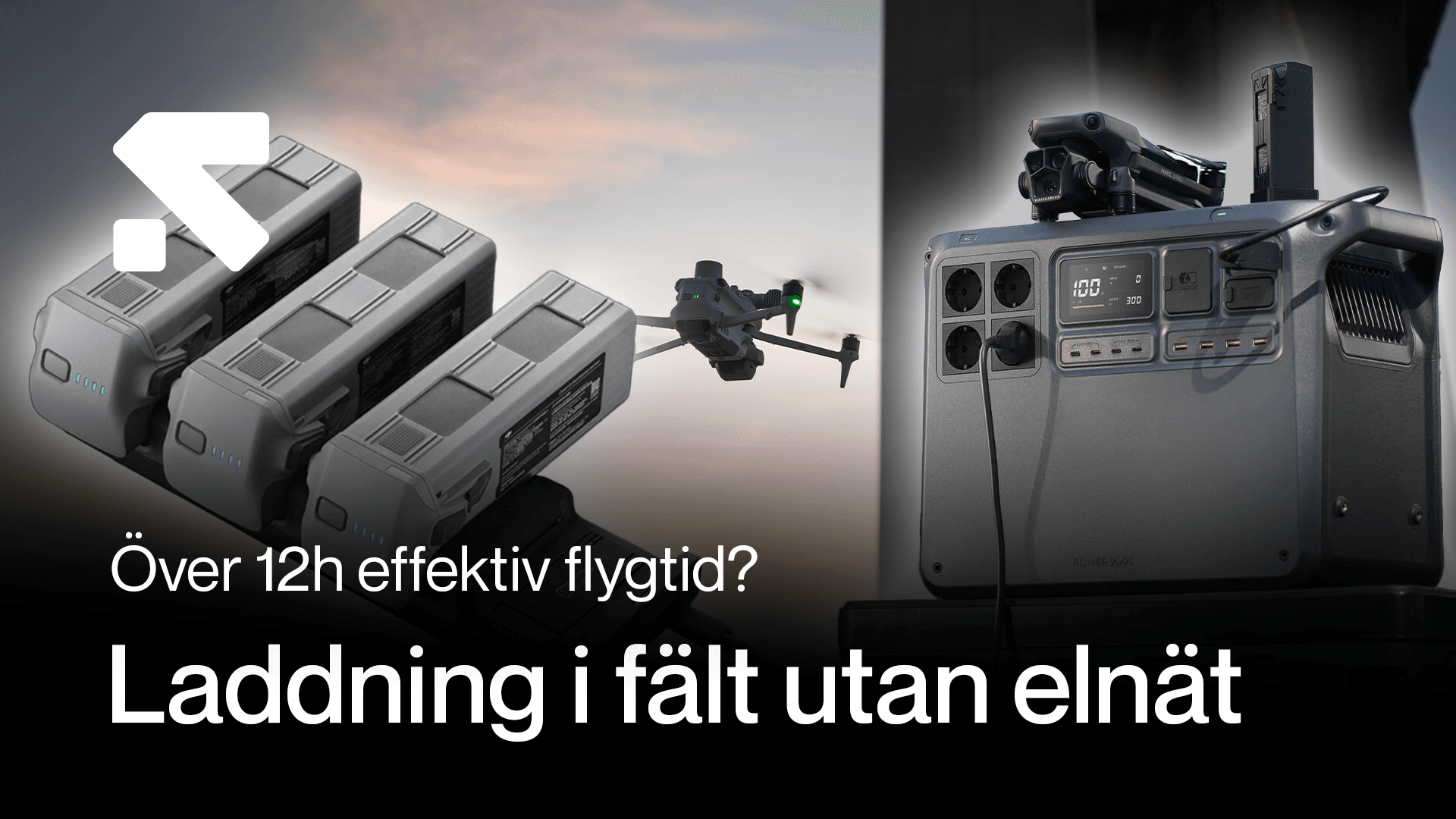 En person håller en bärbar EcoFlow-strömkälla, omgiven av olika batterier och laddningsenheter, med texten 'Laddning i fält utan elnät - Hur många batterier?'.