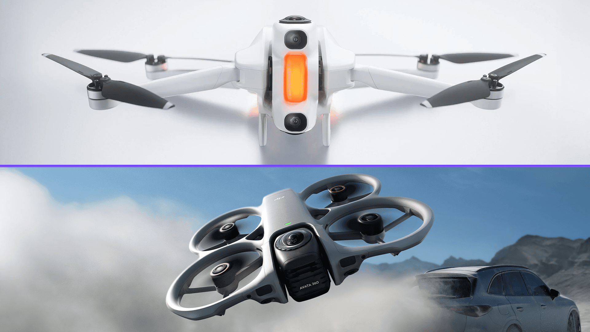 Två drönare visas (Antigravity A1 & DJI Avata 360), en vit med orange detalj på en neutral bakgrund och en annan med skyddade propellrar flyger över ett dammigt landskap nära en bil.