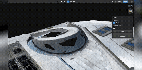 En 3D-modell av en byggnad visas i ett digitalt designprogram, med verktygsfält och alternativ för redigering synliga på skärmen.