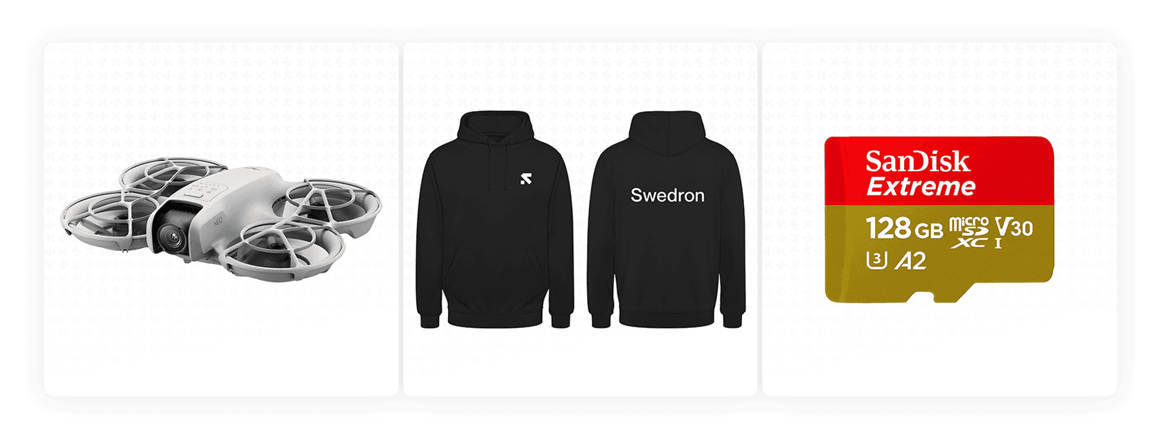 Bild med en kompakt drönare, två svarta huvtröjor med texten 'Swedron', och ett SanDisk Extreme 128 GB microSD-kort.