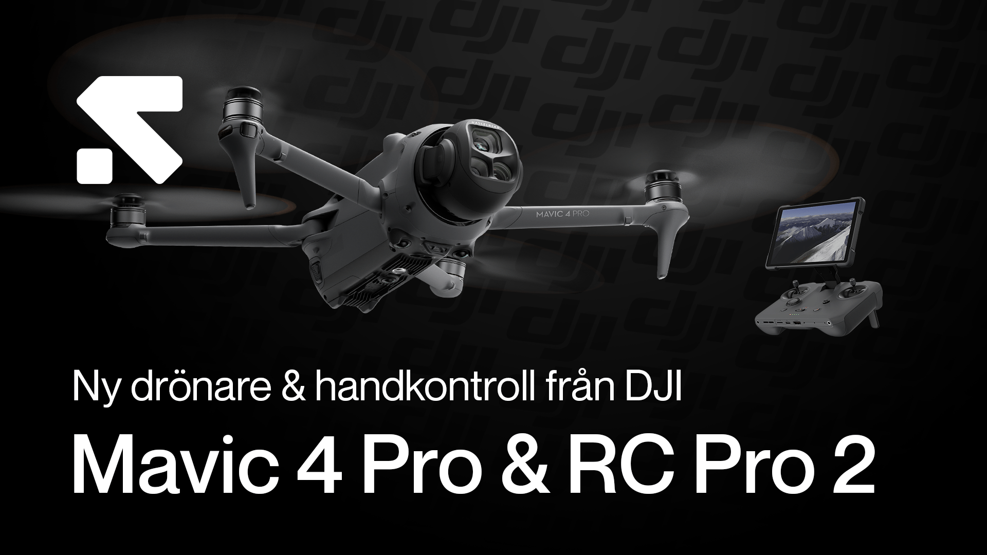 En DJI Mavic 4 Pro-drönare svävar bredvid en RC Pro 2-handkontroll med en skärm som visar ett bergslandskap. en-dji-mavic.png