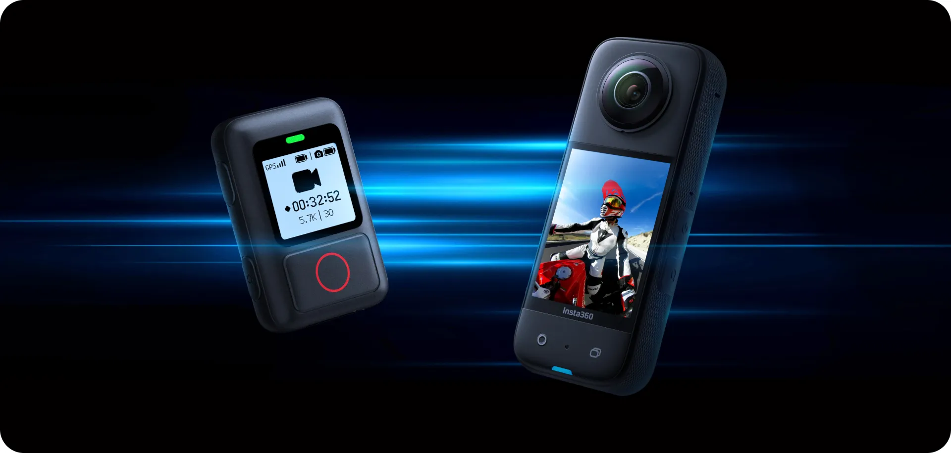 Två avancerade kameror visas mot en futuristisk bakgrund, en med en skärm som visar en motorcyklist och den andra med en digital display.