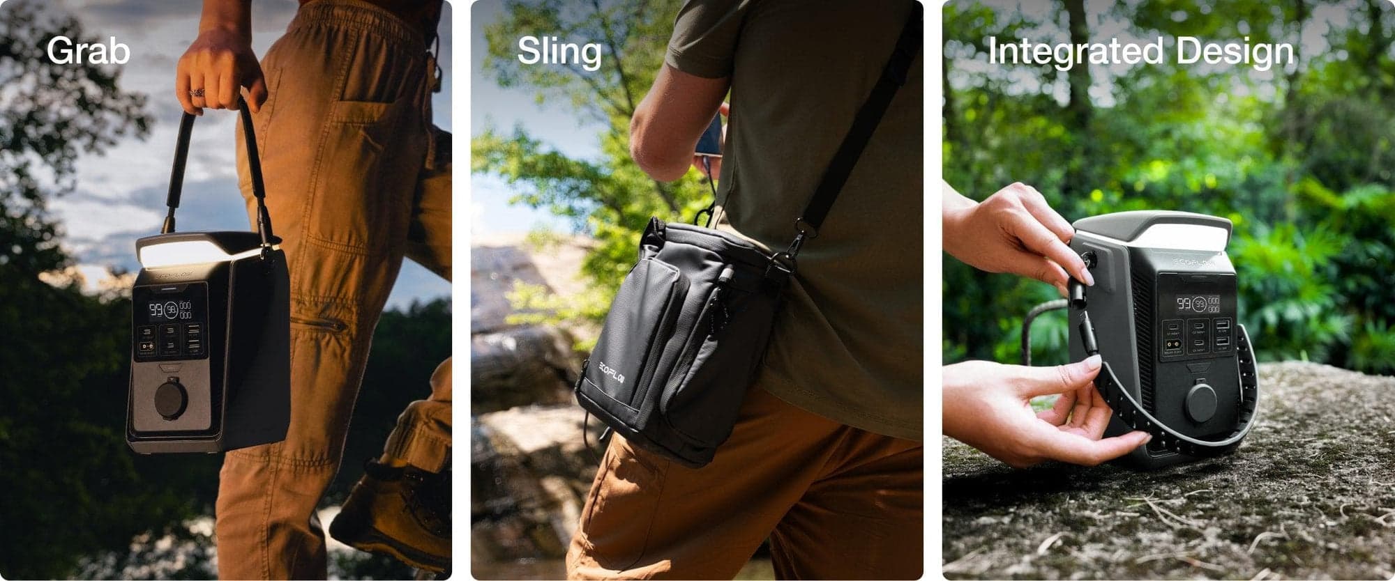 Tre bilder visar en bärbar enhet i olika användningssituationer: en person bär den i handen, en annan har den som en axelväska, och en tredje visar enheten placerad på en sten med en integrerad design.