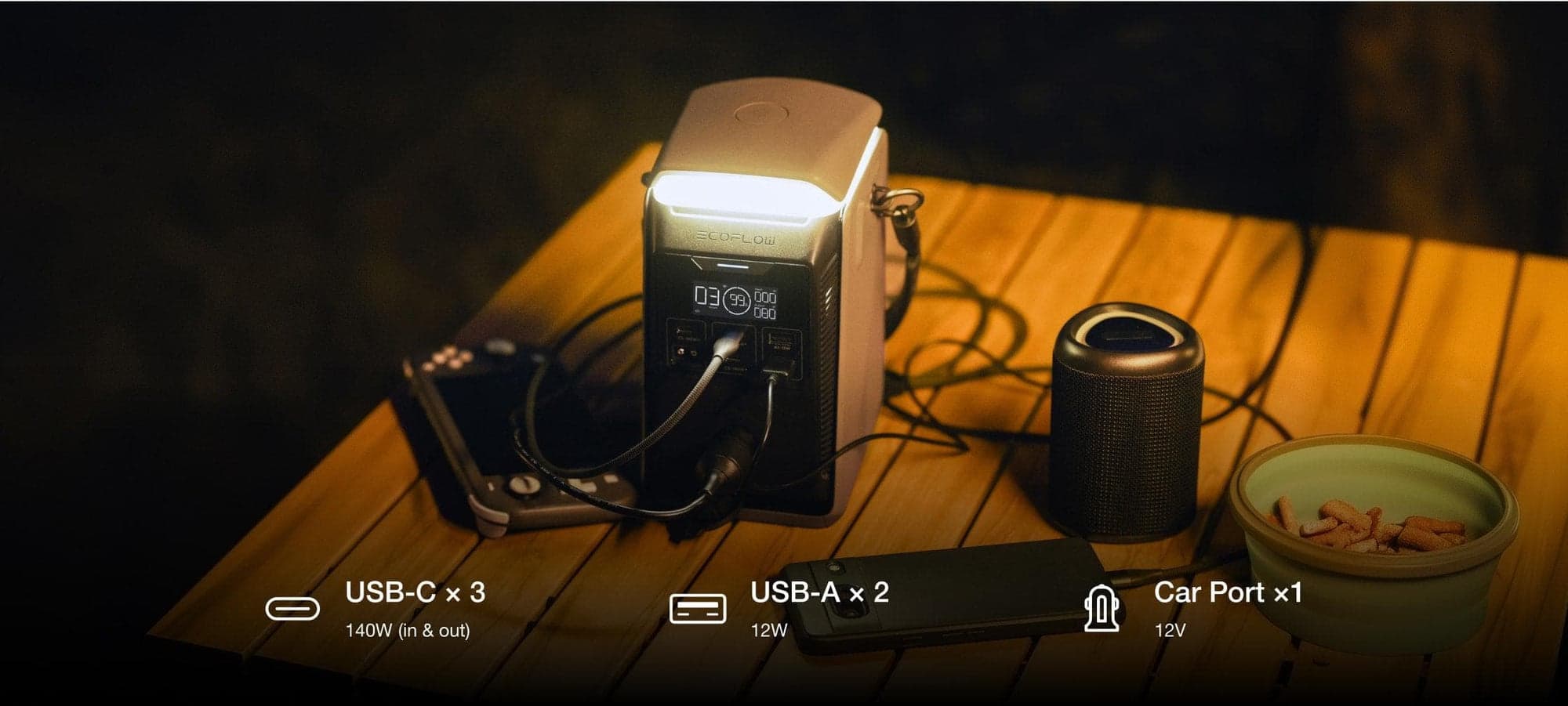 En bärbar kraftstation med flera USB-portar och en bilport laddar enheter på ett träbord, omgiven av en högtalare och en skål med snacks.