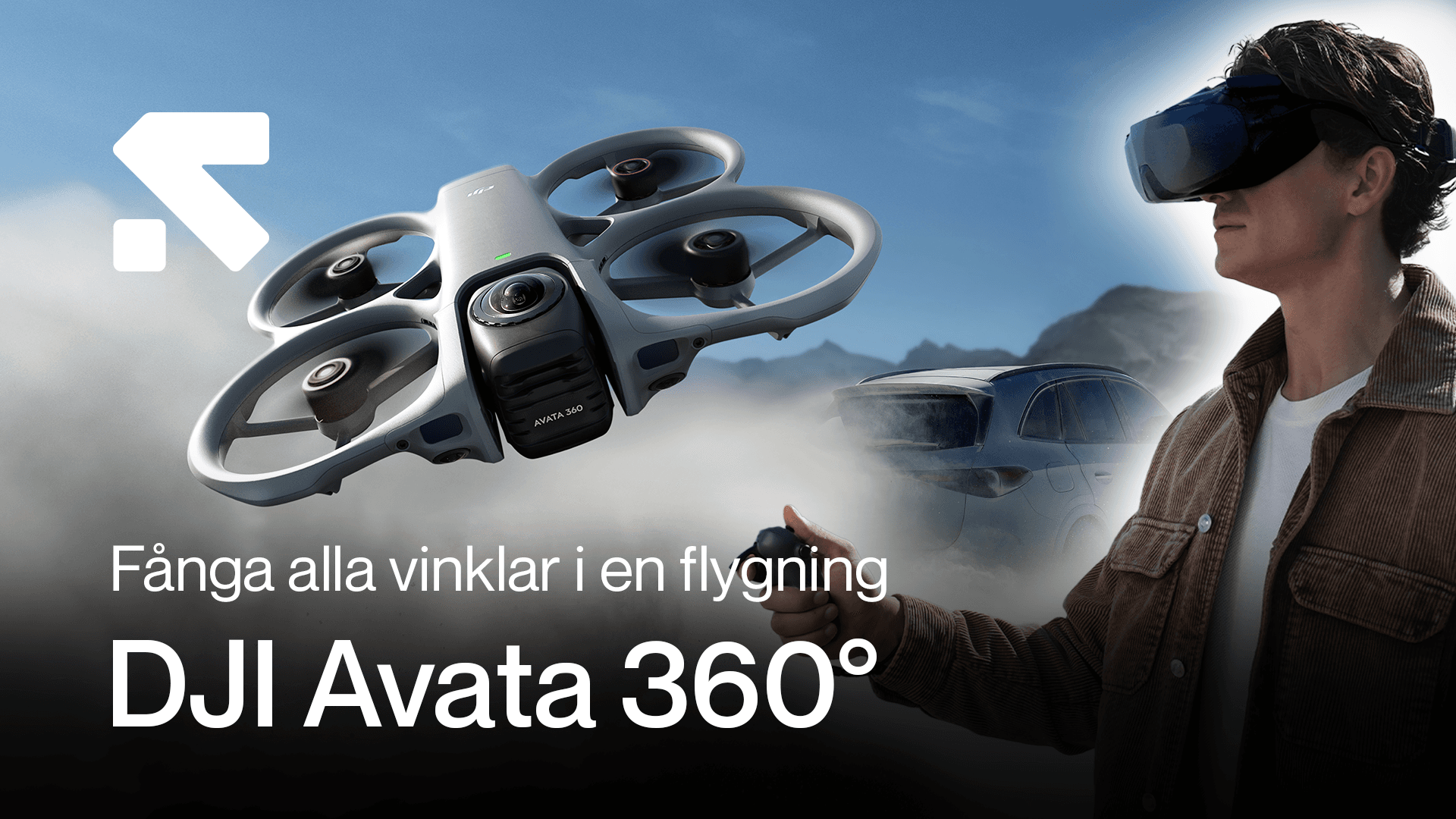 En person med DJI Goggles-headset styr en DJI Avata 360° drönare i en naturskön miljö, med texten 'Fånga alla vinklar i en flygning'.