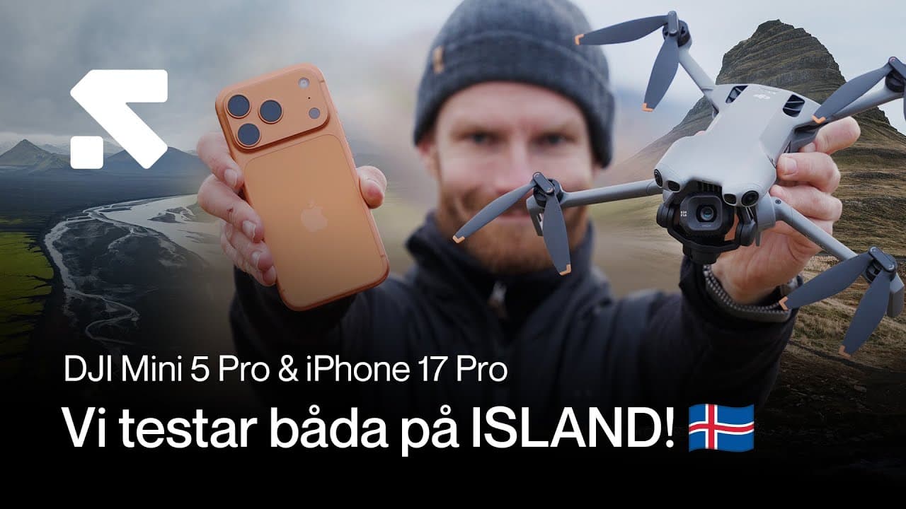 En person håller upp en orange iPhone 17 Pro smartphone och en DJI Mini 5 Pro drönare mot en dramatisk isländsk landskap. Texten beskriver en test av DJI Mini 5 Pro och iPhone 17 Pro på Island.