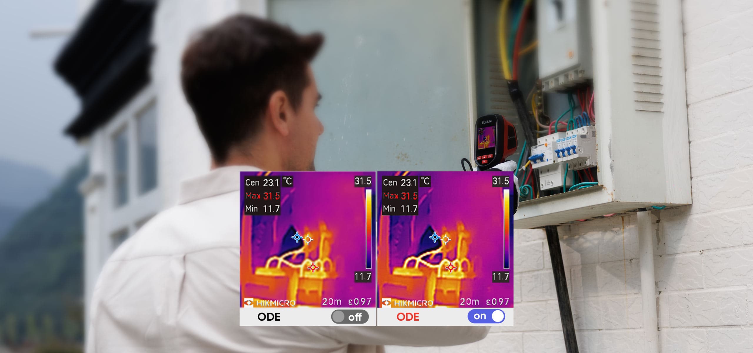 En person använder en värmekamera för att inspektera en elektrisk panel, med termiska bilder som visar temperaturvariationer.