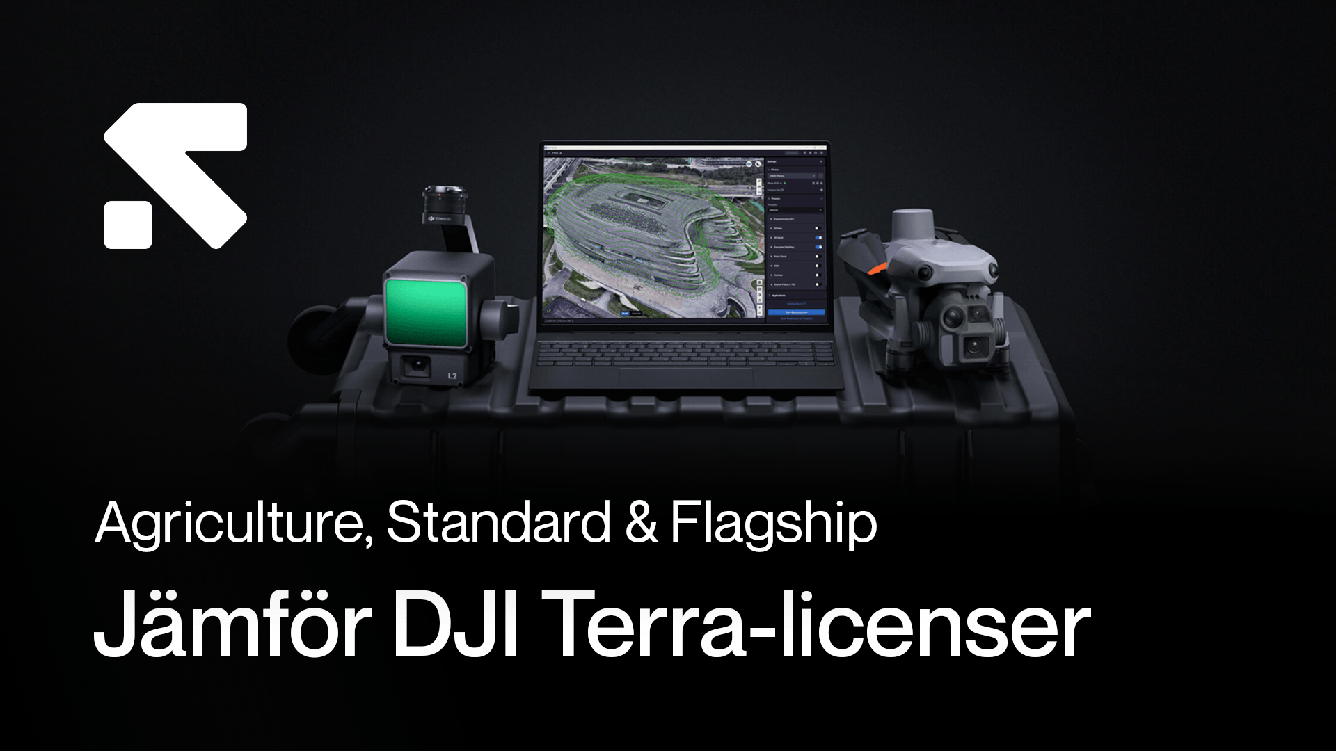En bärbar dator visar en 3D-karta, omgiven av avancerad drönarteknik, med text om att jämföra DJI Terra-licenser. en-barbar-dator.png