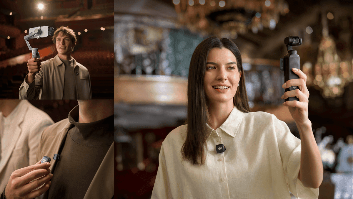 En kvinna använder en DJI Osmo Pocket 3 samt DJI Mic 3 i en elegant miljö, medan en man i en annan bildsektion håller en smartphone på en gimbal. En närbild visar en DJI Mic 3-mikrofon fäst på en skjorta.