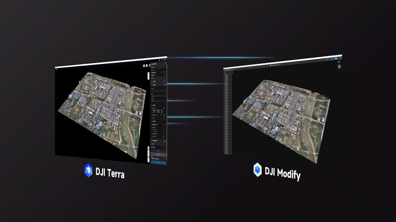 Två skärmar visar kartläggningsprogramvara från DJI, med en 3D-modell av ett område som överförs från DJI Terra till DJI Modify.