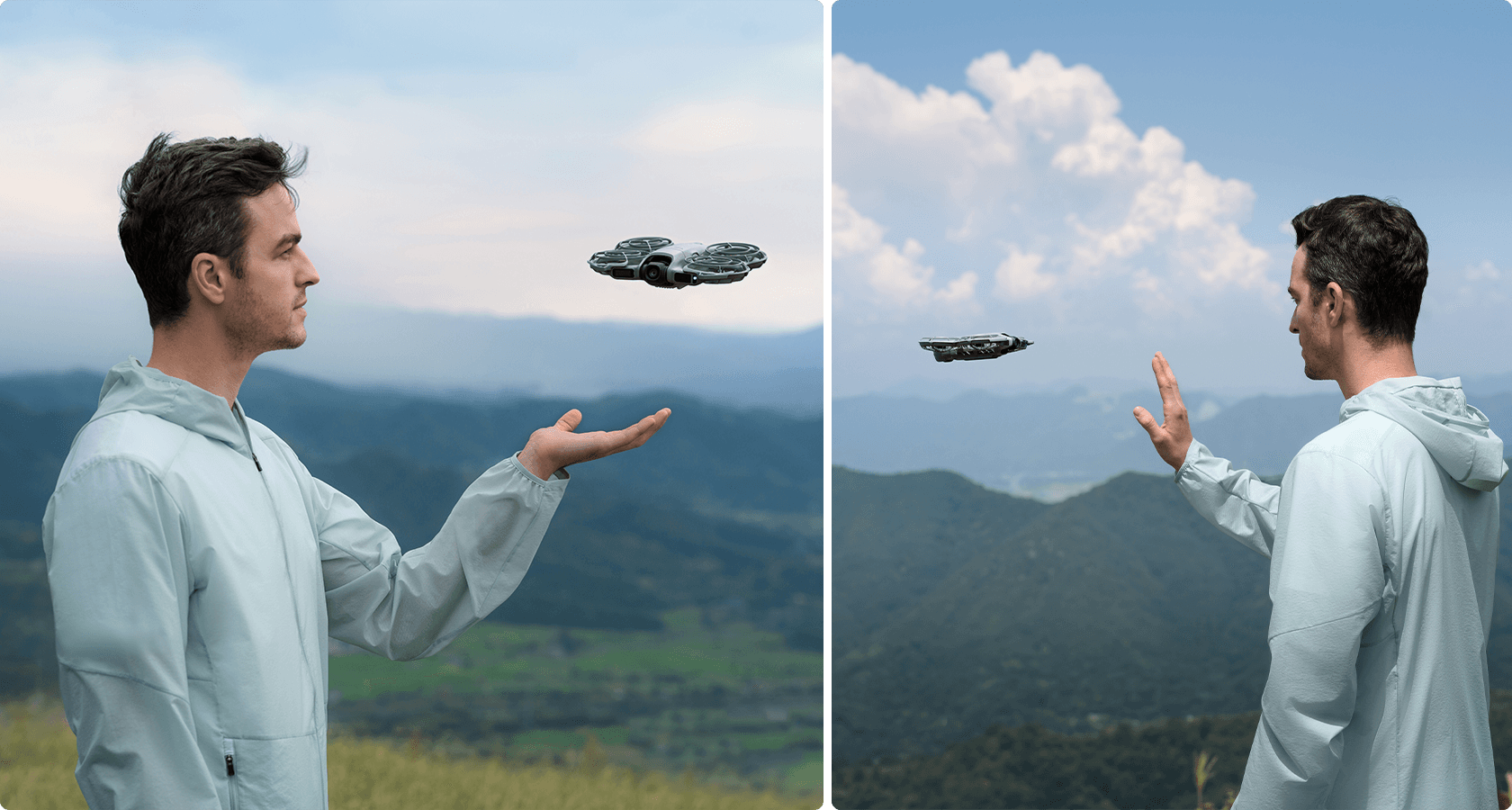 En man står utomhus och interagerar med en svävande DJI Neo 2-drönare i en naturskön bergsmiljö.