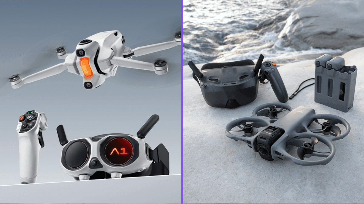 Två bilder visar avancerad drönarteknik, en Antigravity A1 med tillbehör samt en DJI Avata 360 med tillbehör: en drönare i flygning med tillhörande fjärrkontroll och goggles, samt en drönare med tillbehör placerade på en klippa vid havet.