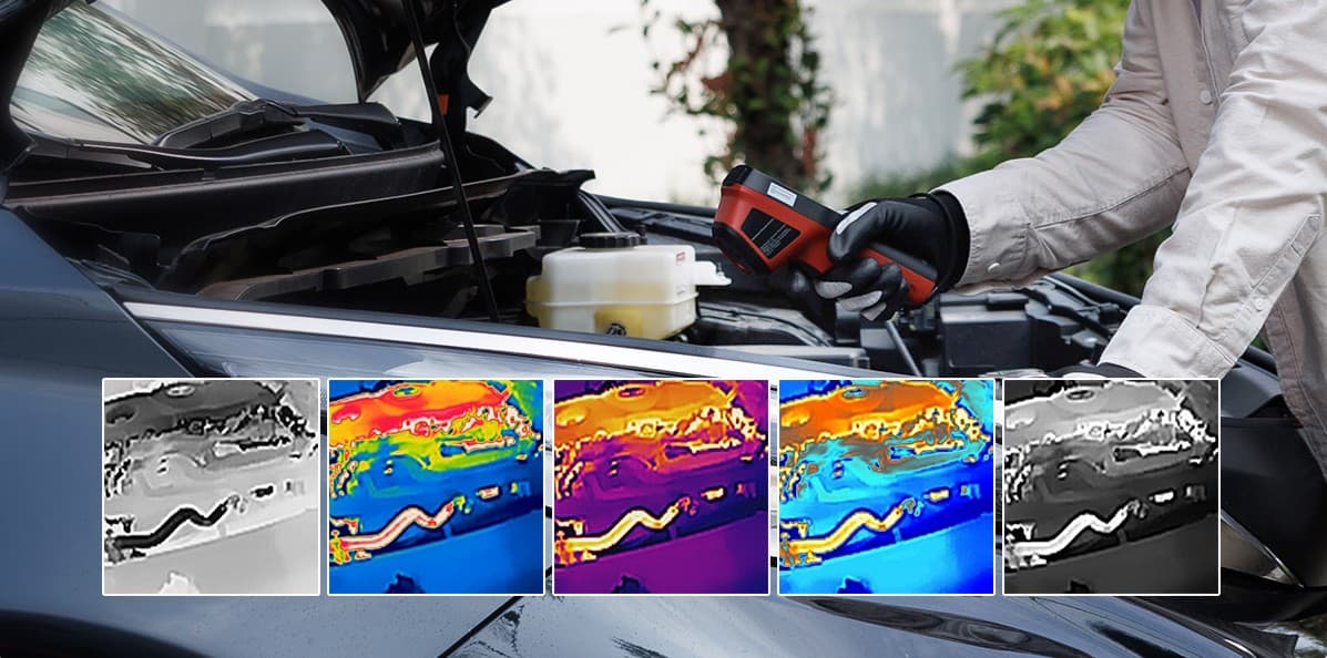 En person använder en värmekamera för att inspektera motorn på en bil, med termiska bilder som visar temperaturvariationer.