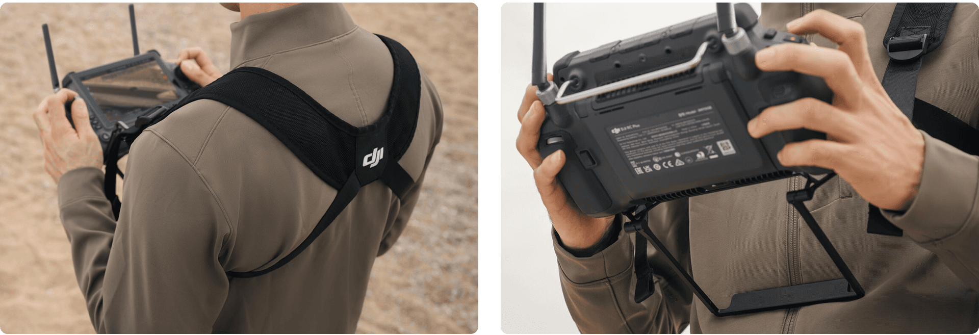 En person använder en fjärrkontroll med en skärm, stödd av en sele (DJI RC Plus 2 - Strap & bracket kit), för att styra en drönare i en utomhusmiljö.