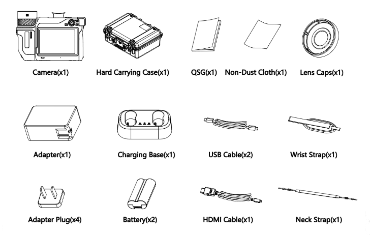 Illustration of various camera accessories including a camera, hard carrying case, quick start guide, non-dust cloth, lens caps, adapter, charging base, USB cables, wrist strap, adapter plugs, batteries, HDMI cable, and neck strap.