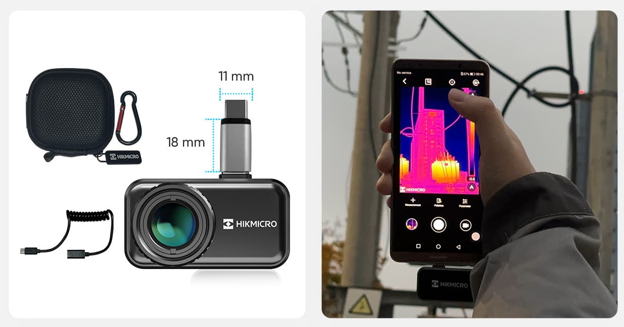 En kompakt värmekamera med tillbehör visas bredvid en bild av en hand som håller en smartphone med en termisk bild av en byggnad.
